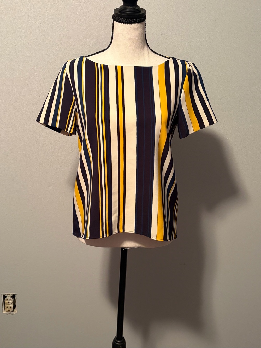 Zara Vertical Stripe Short-Sleeve Top in Navy, White & Yellow SZ XS